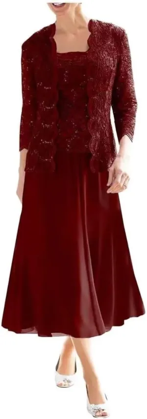 2 Piece Grandmother of The Bride Dresses for Wedding Tea Length Lace Formal Evening Gowns with Jacket