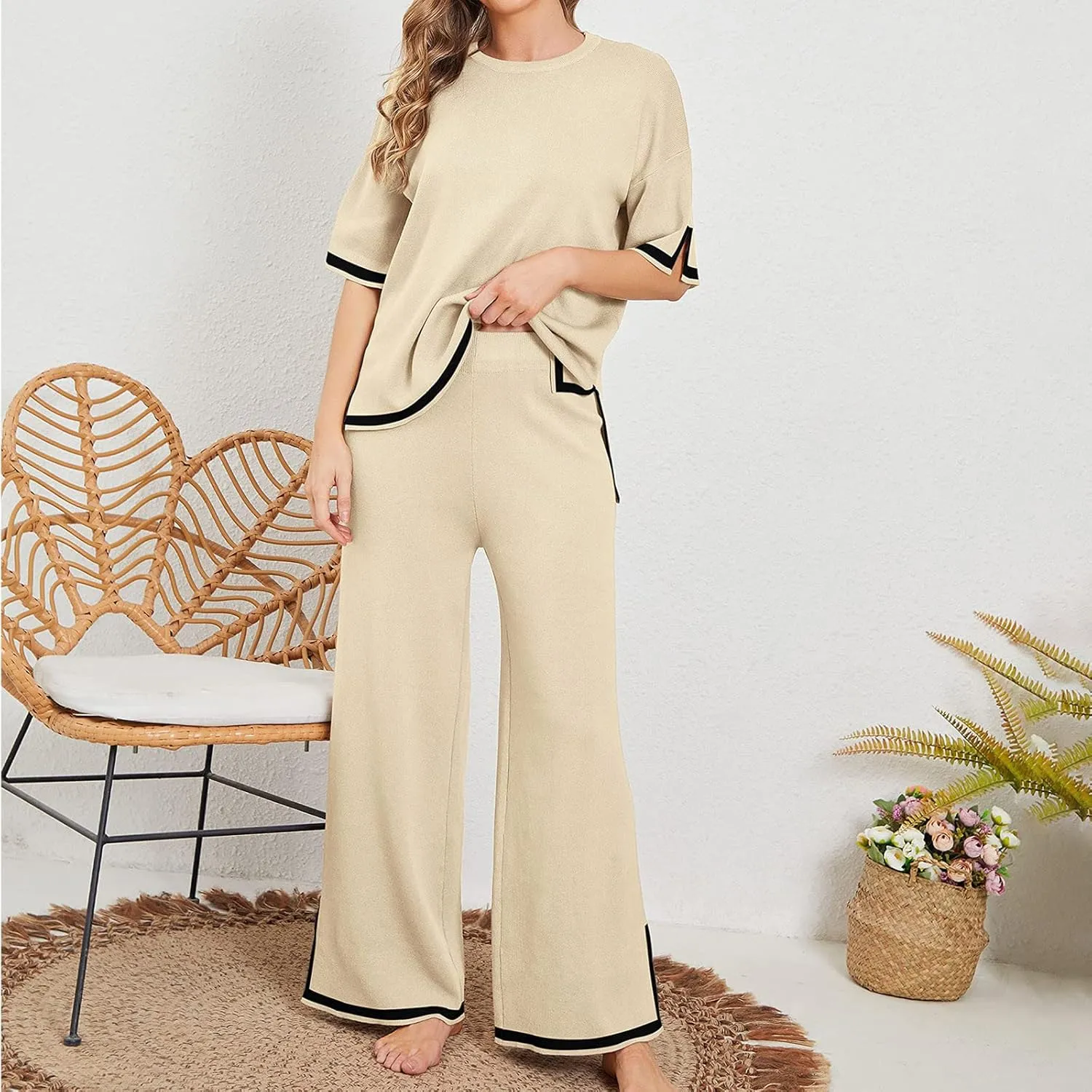 2 Piece Outfits for Women Loungewear Pajama Sets Short Sleeve Crewneck Tops and Long Pants Solid Color Tracksuit Set