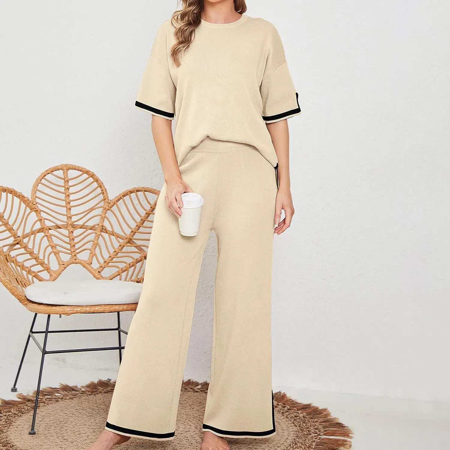2 Piece Outfits for Women Loungewear Pajama Sets Short Sleeve Crewneck Tops and Long Pants Solid Color Tracksuit Set