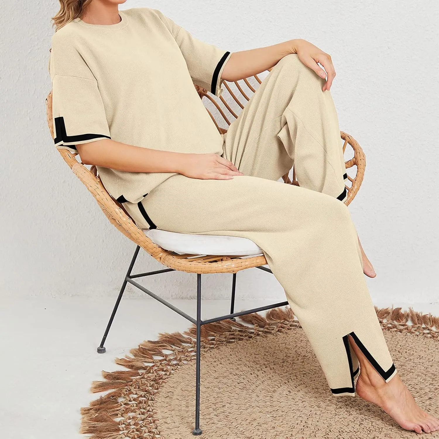 2 Piece Outfits for Women Loungewear Pajama Sets Short Sleeve Crewneck Tops and Long Pants Solid Color Tracksuit Set