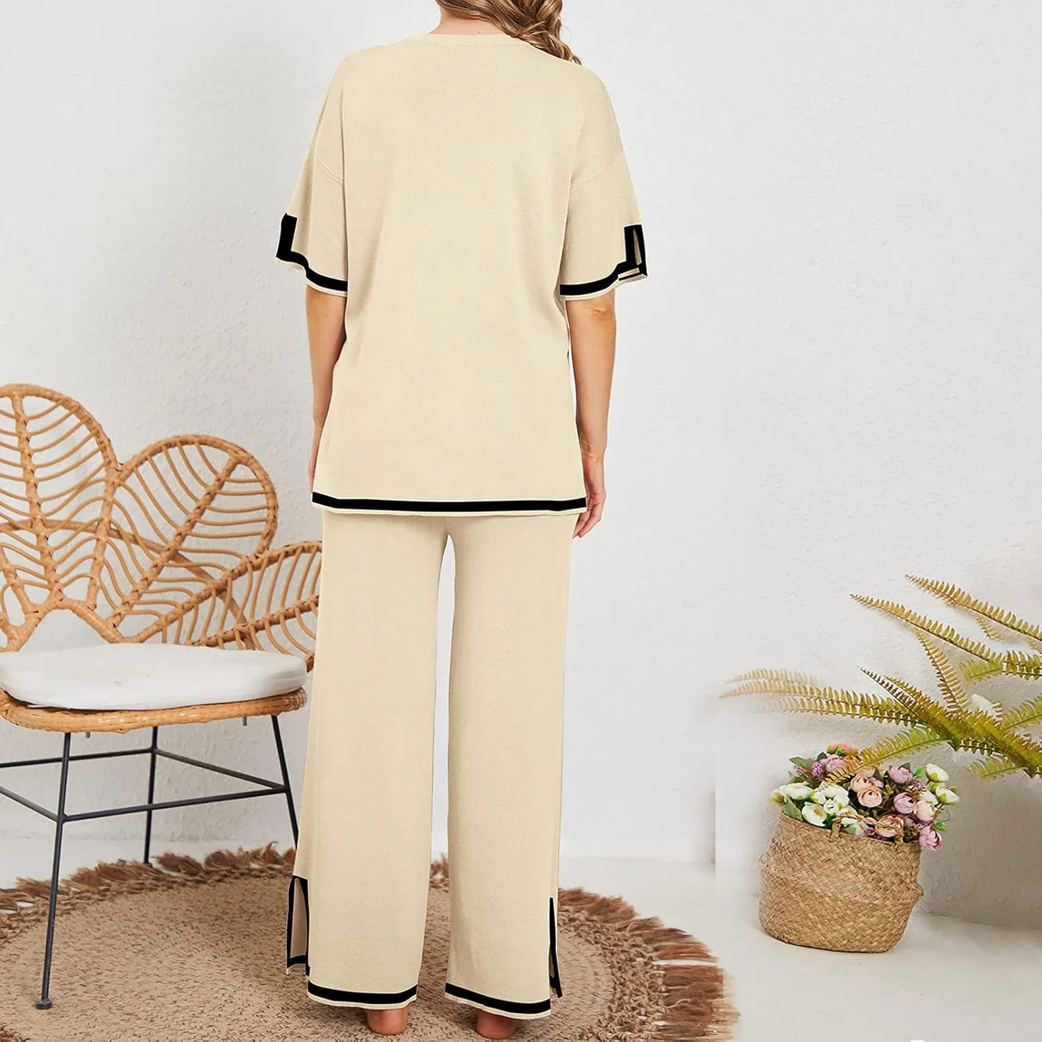 2 Piece Outfits for Women Loungewear Pajama Sets Short Sleeve Crewneck Tops and Long Pants Solid Color Tracksuit Set