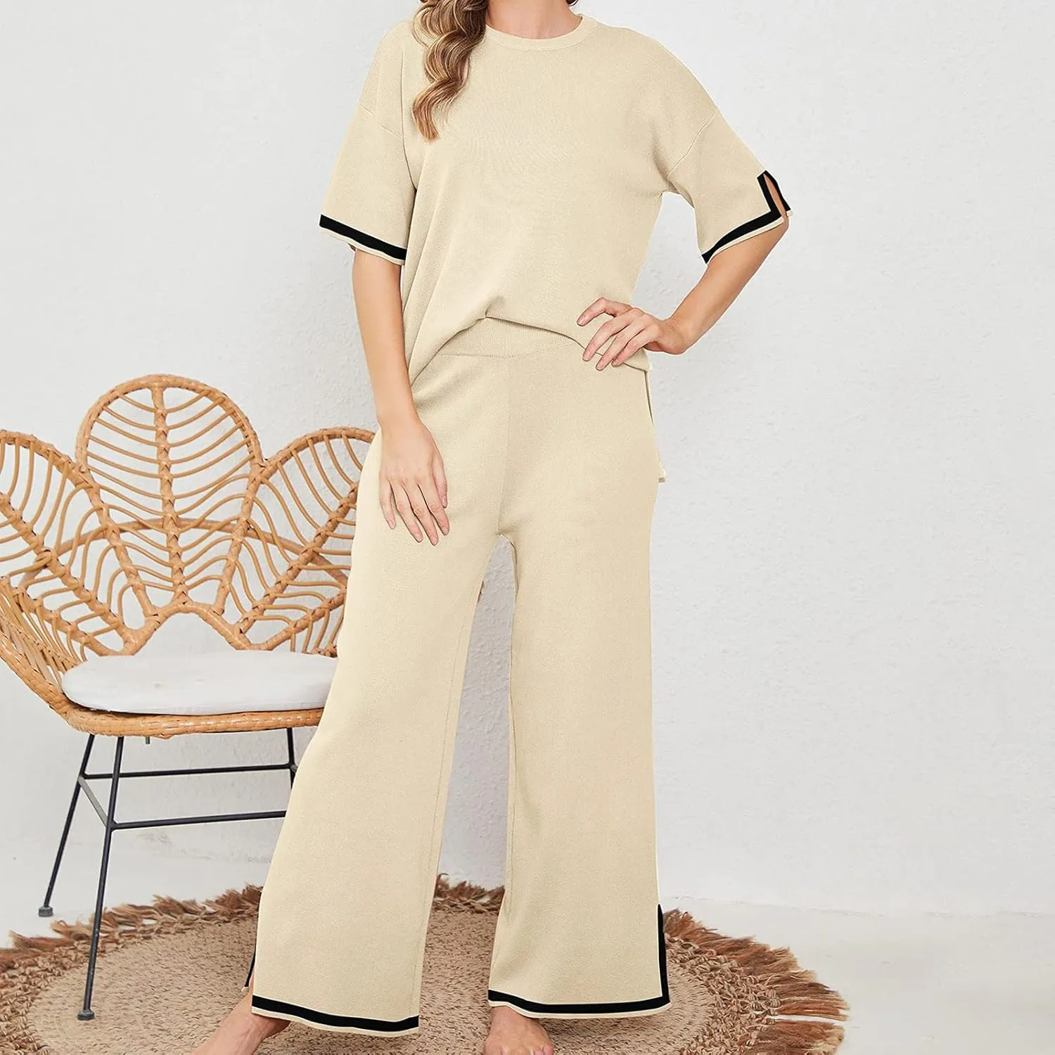 2 Piece Outfits for Women Loungewear Pajama Sets Short Sleeve Crewneck Tops and Long Pants Solid Color Tracksuit Set