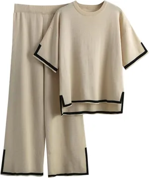 2 Piece Outfits for Women Loungewear Pajama Sets Short Sleeve Crewneck Tops and Long Pants Solid Color Tracksuit Set