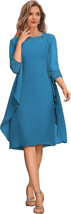 2 Pieces Mother of The Bride Dresses for Wedding Short Formal Dress with Jacket Chiffon Evening Gown
