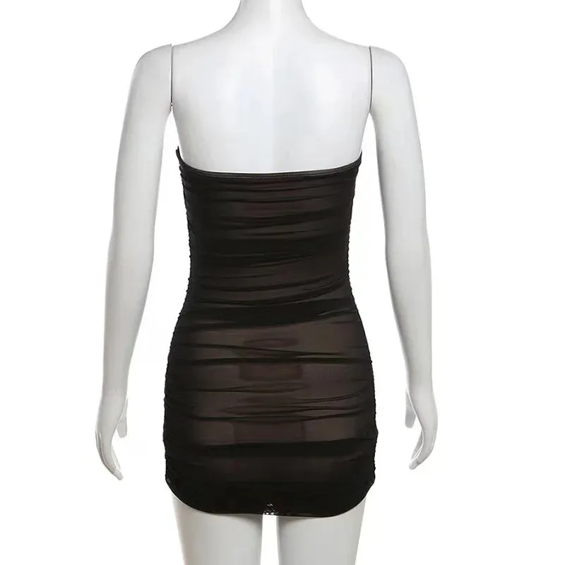 2024 Black Mesh Ruched Strapless Sexy Night Club Summer Beach Vacation Dress