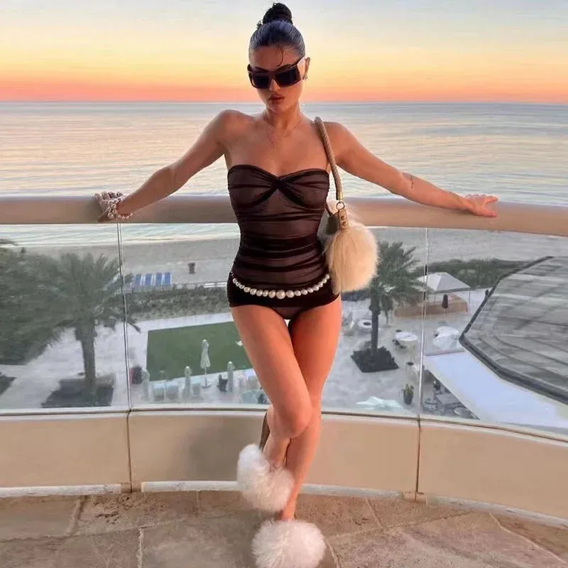 2024 Black Mesh Ruched Strapless Sexy Night Club Summer Beach Vacation Dress