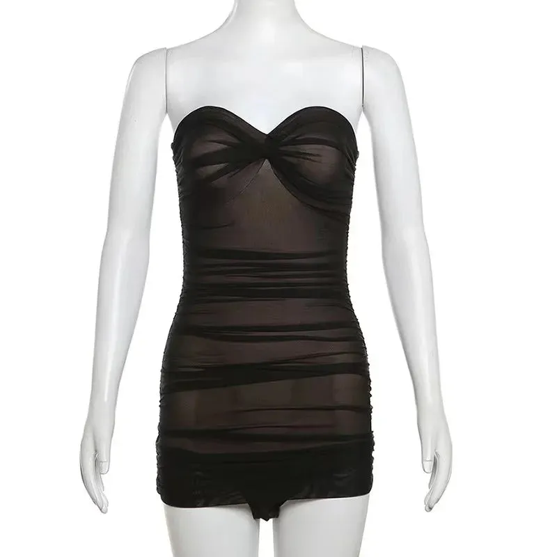 2024 Black Mesh Ruched Strapless Sexy Night Club Summer Beach Vacation Dress