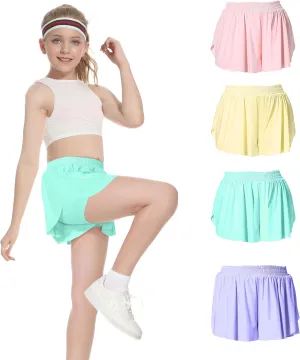 4 Pack Girls Athletic Flowy Butterfly Shorts 2-in-1 Girls' Activewear Skirts Skorts Pink Yellow Blue Purple 10