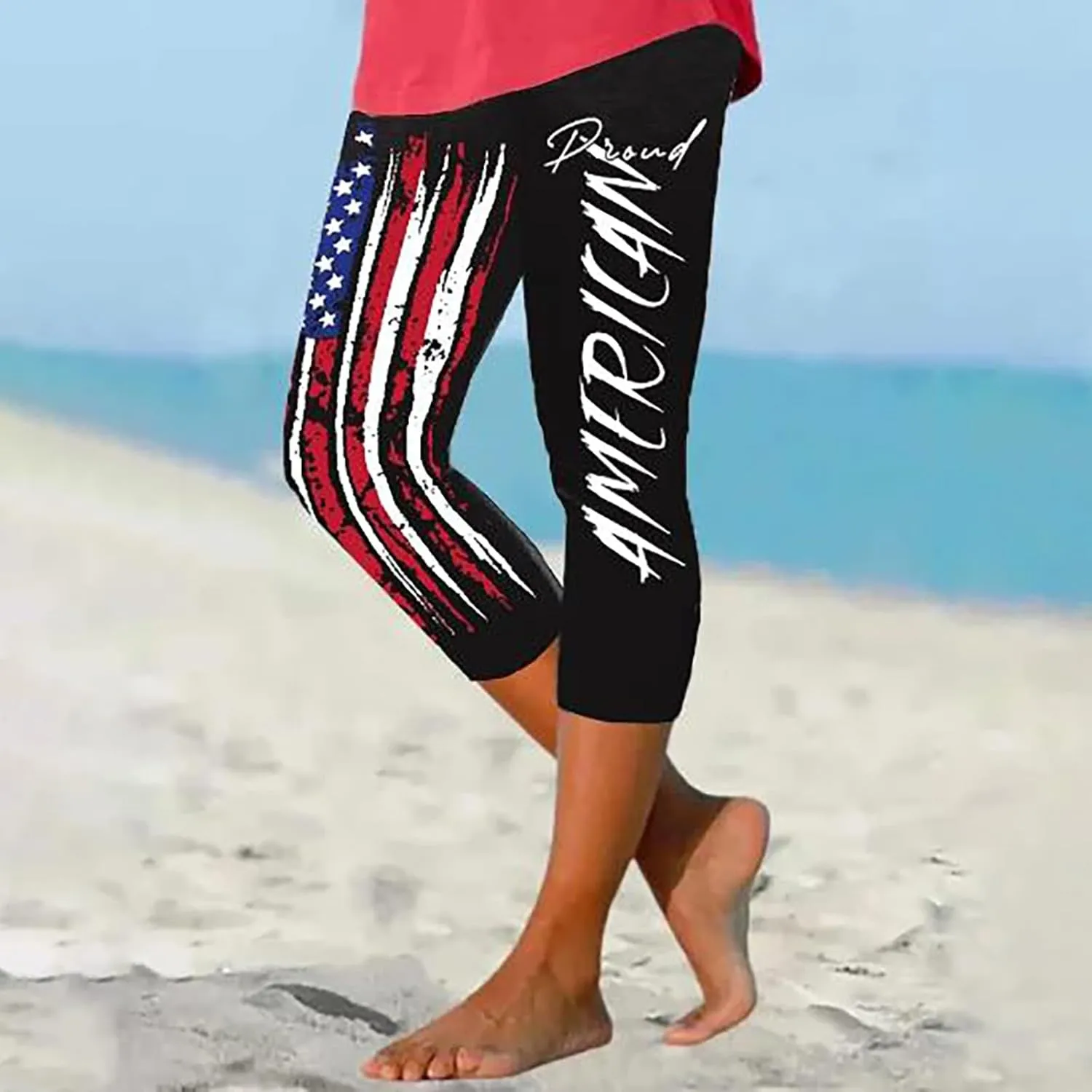 4th of July Capri Leggings for Women Summer High Waist American Flag Yoga Pants Patriotic Cropped Trousers with Pockets