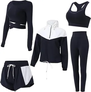 5pcs Yoga Outfits for Women Workout Running Clothing Suit Set Tracksuit Sportswear Shorts Leggings Crop Tops Hoodies