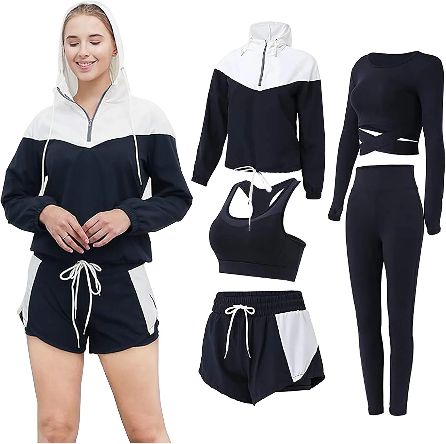 5pcs Yoga Outfits for Women Workout Running Clothing Suit Set Tracksuit Sportswear Shorts Leggings Crop Tops Hoodies