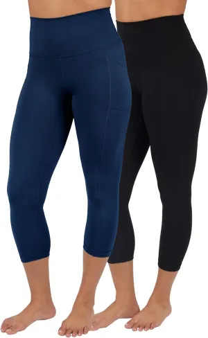 90 Degree By Reflex Womens 2 Pack Interlock Tribeca Elastic Free High Waist Side Pocket Capri and Everyday Capri