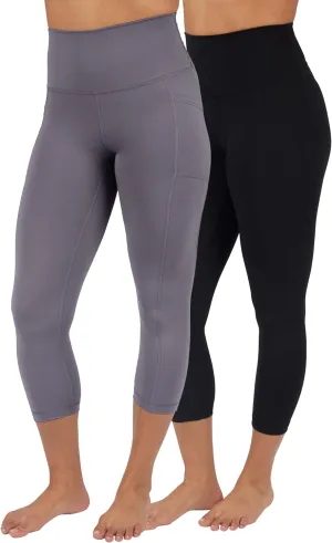 90 Degree By Reflex Womens 2 Pack Interlock Tribeca Elastic Free High Waist Side Pocket Capri and Everyday Capri