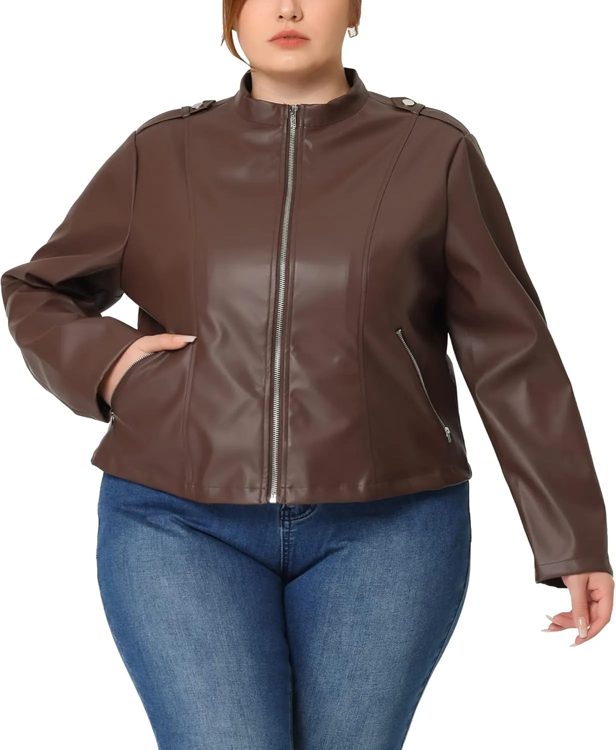 Agnes Orinda Plus Size Jacket for Women Faux Leather Moto Biker Coats Zip Up Halloween Jackets
