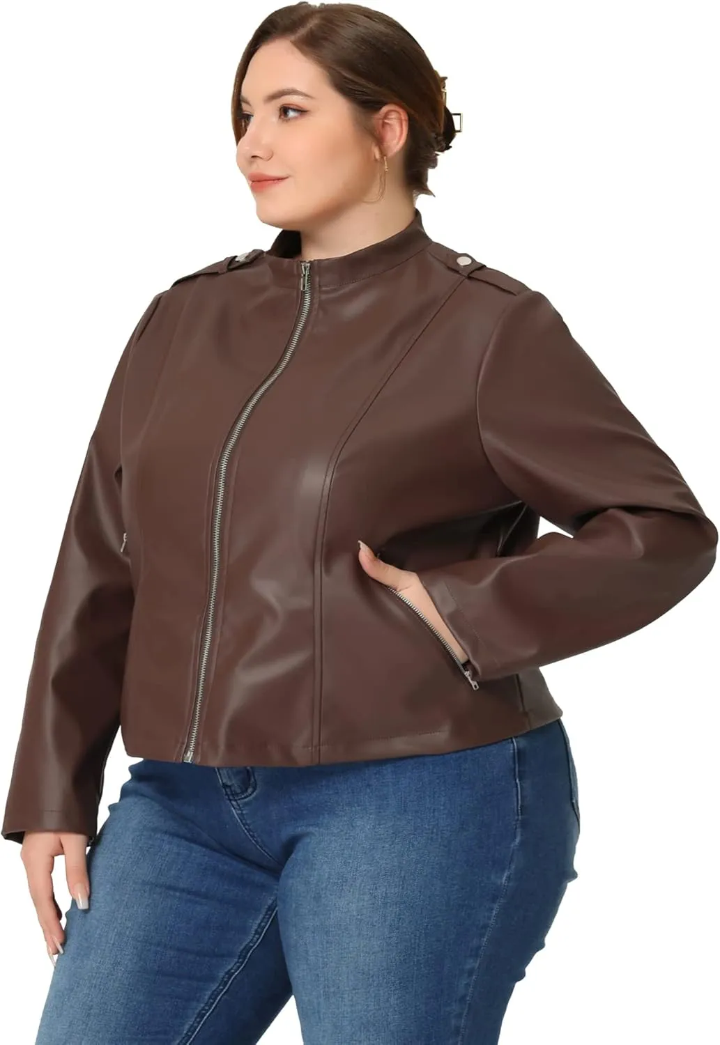 Agnes Orinda Plus Size Jacket for Women Faux Leather Moto Biker Coats Zip Up Halloween Jackets