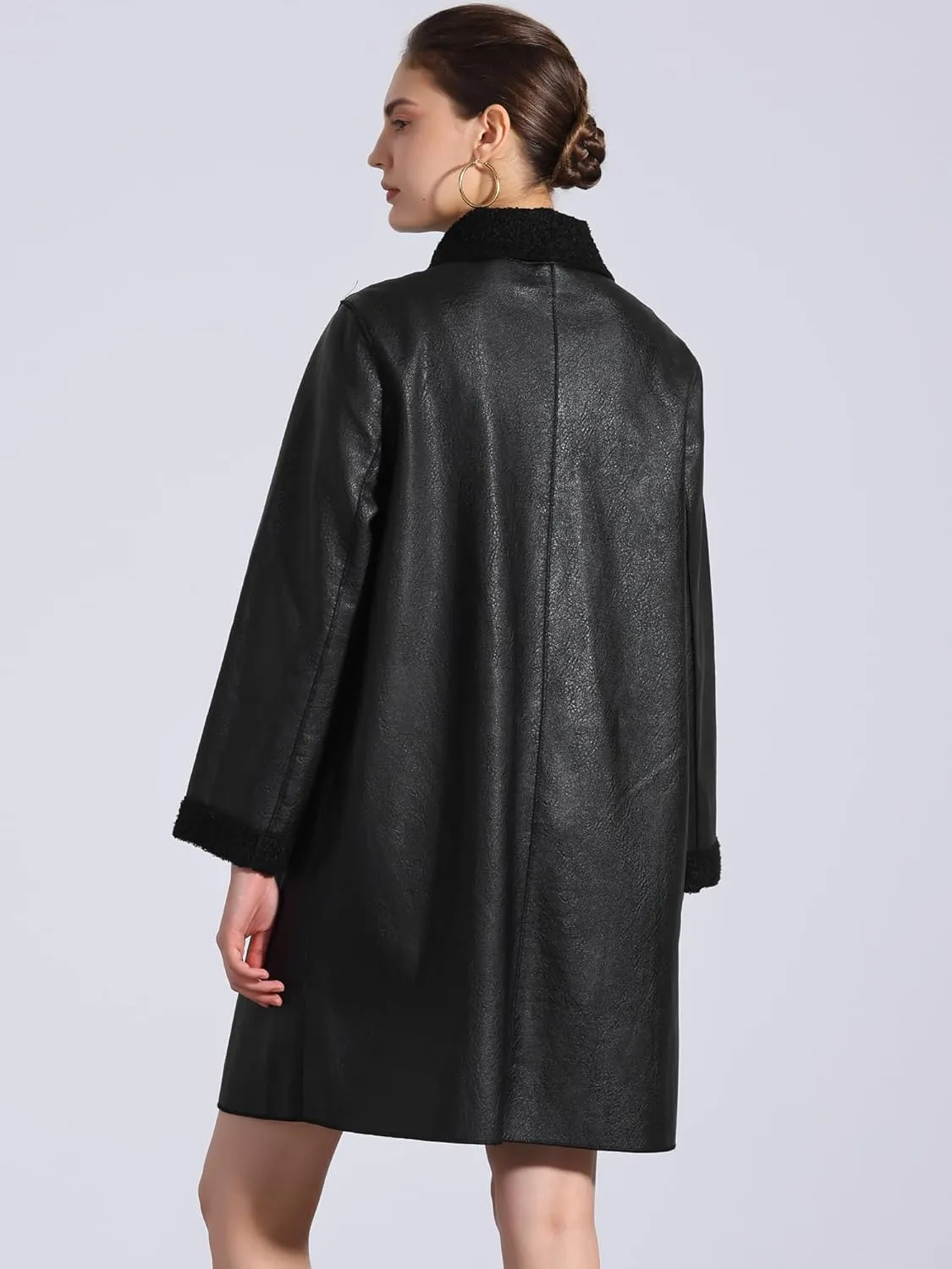 Allegra K Faux Leather Coat for Women's Button Up Collar Classic Winter Mid Long Jacket Coats