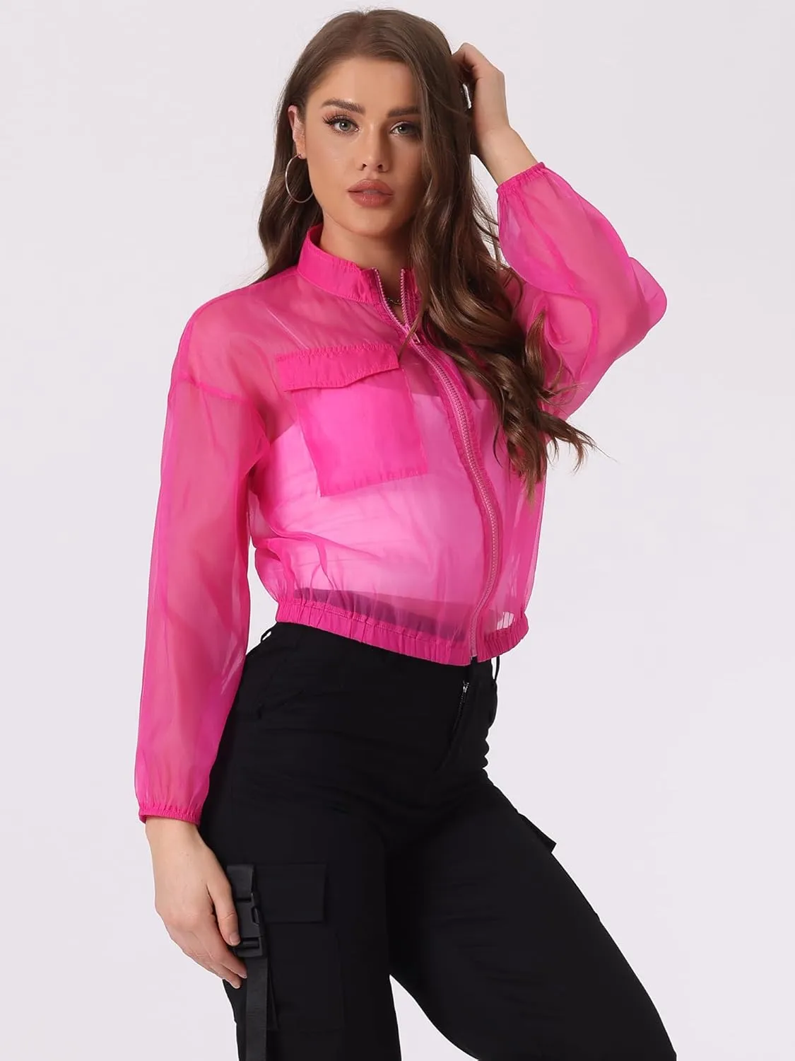 Allegra K Sheer Bomber Jacket for Women's Zip Up Long Sleeve See Through Jackets