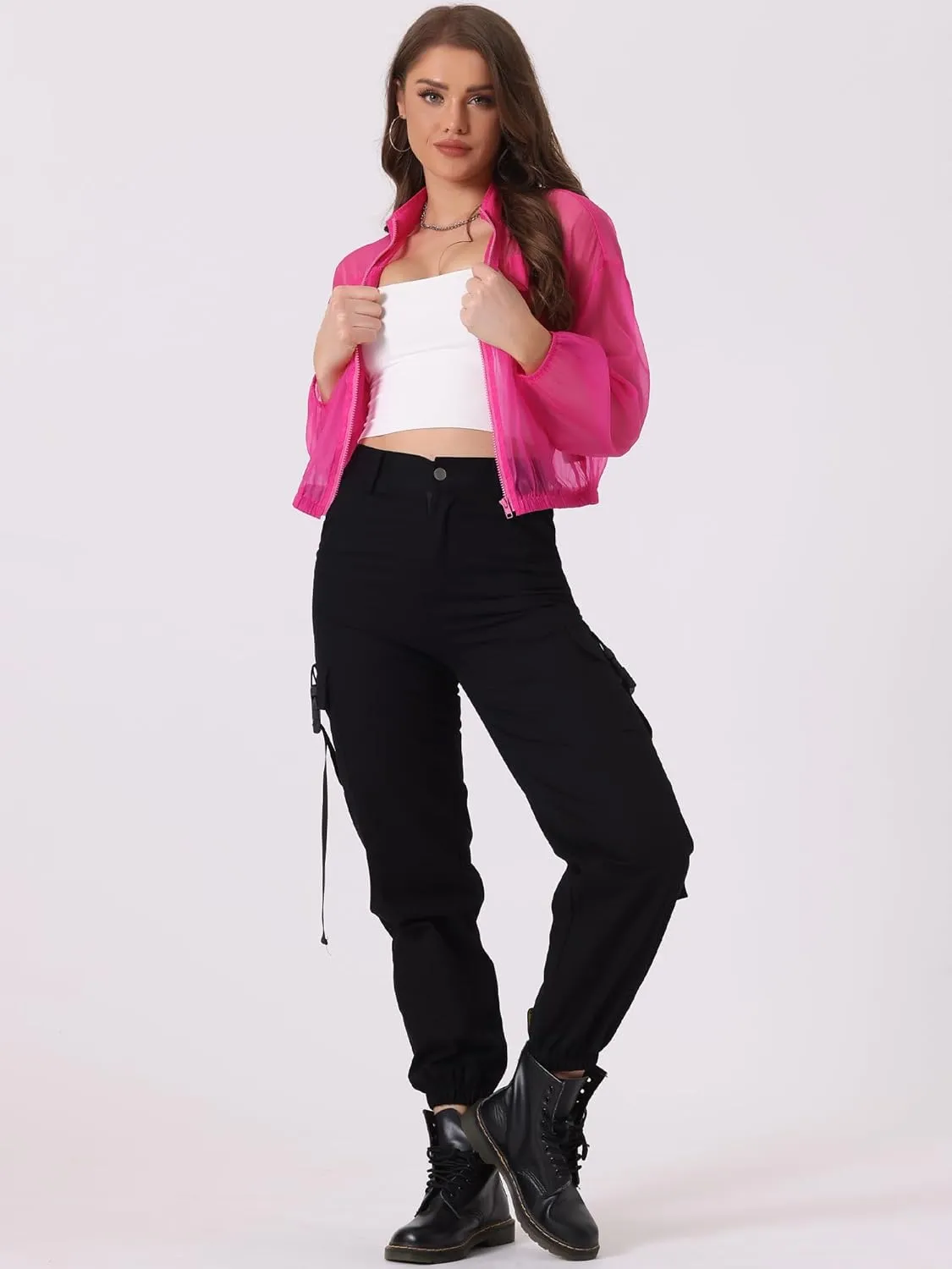 Allegra K Sheer Bomber Jacket for Women's Zip Up Long Sleeve See Through Jackets