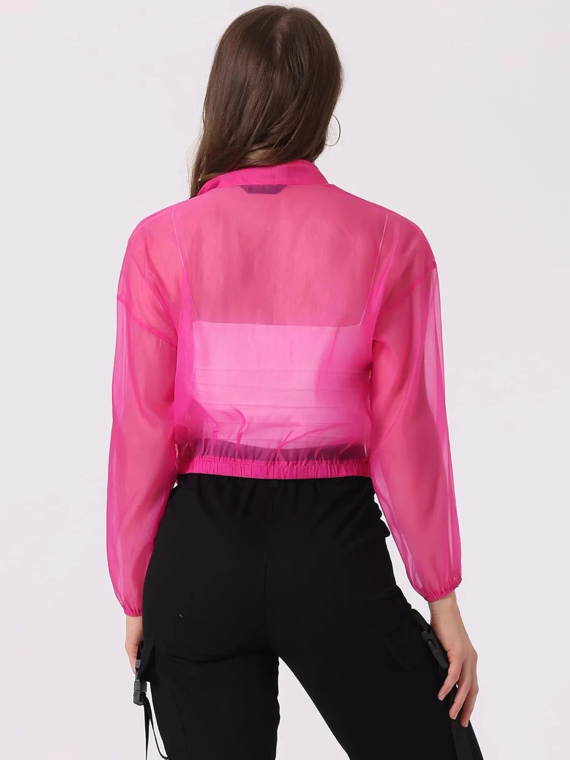 Allegra K Sheer Bomber Jacket for Women's Zip Up Long Sleeve See Through Jackets