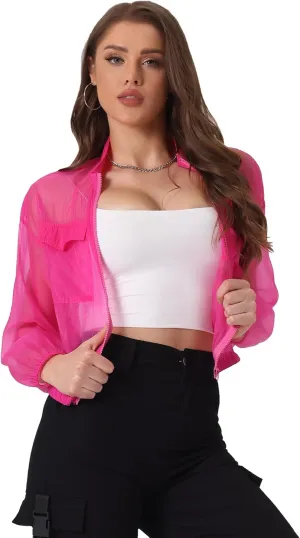 Allegra K Sheer Bomber Jacket for Women's Zip Up Long Sleeve See Through Jackets