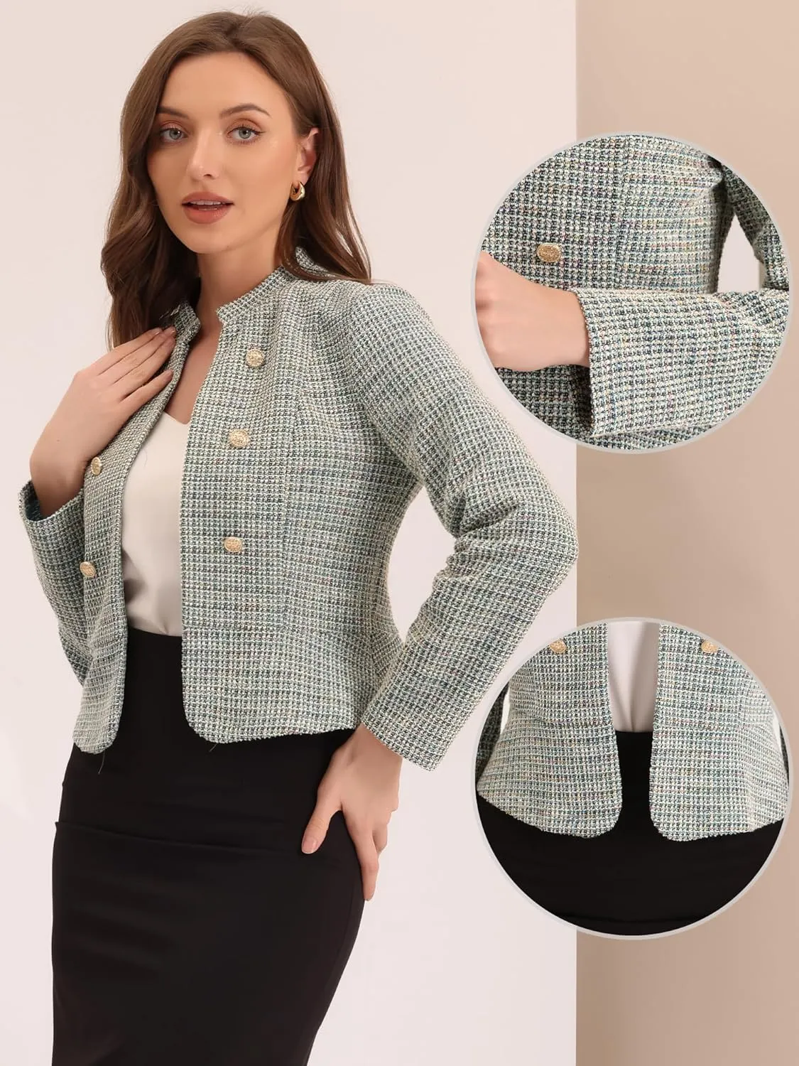 Allegra K Vintage Tweed Jackets for Women's Stand Collar Business Open Front Cropped Jacket