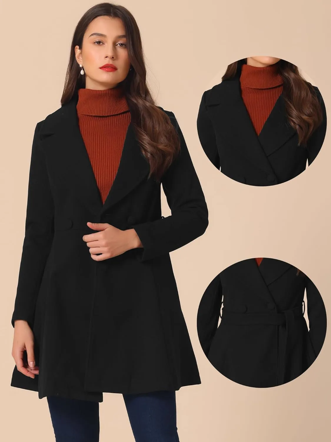 Allegra K Winter Peacoat for Women's Shawl Lapel Overcoat 2024 Single Breasted Belted Long Trench Coats