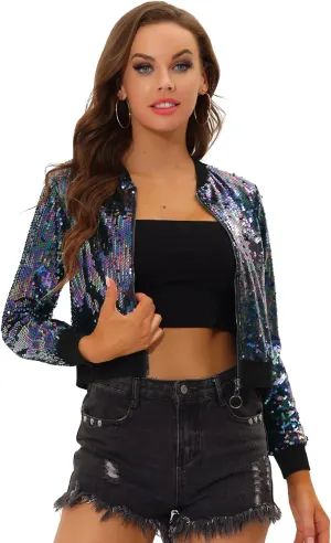 Allegra K Women Halloween Sequin Jackets 2025 Fall Glitter Shiny Party Sparkly Bomber Jacket