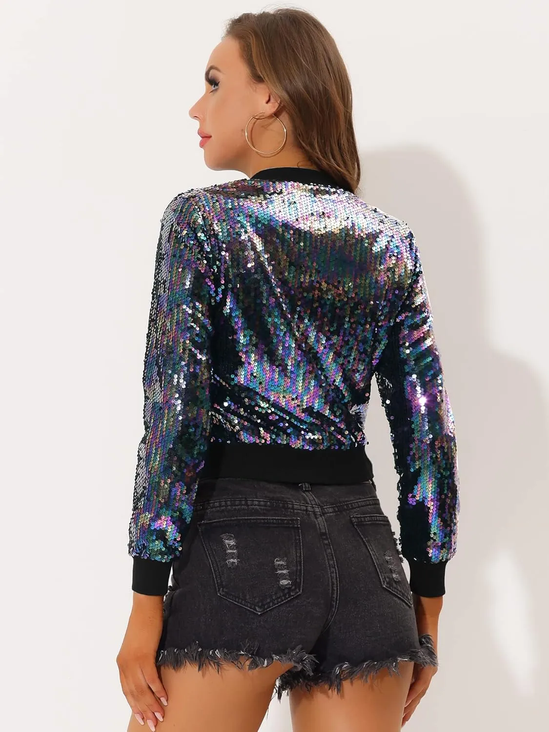 Allegra K Women Halloween Sequin Jackets 2025 Fall Glitter Shiny Party Sparkly Bomber Jacket