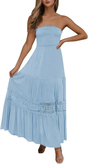 Aniywn Maxi Sundresses for Women 2025 Vacation Summer Boho Strapless Dresses Trendy Off Shoulder Smocked Lace Trim Maxi Dress