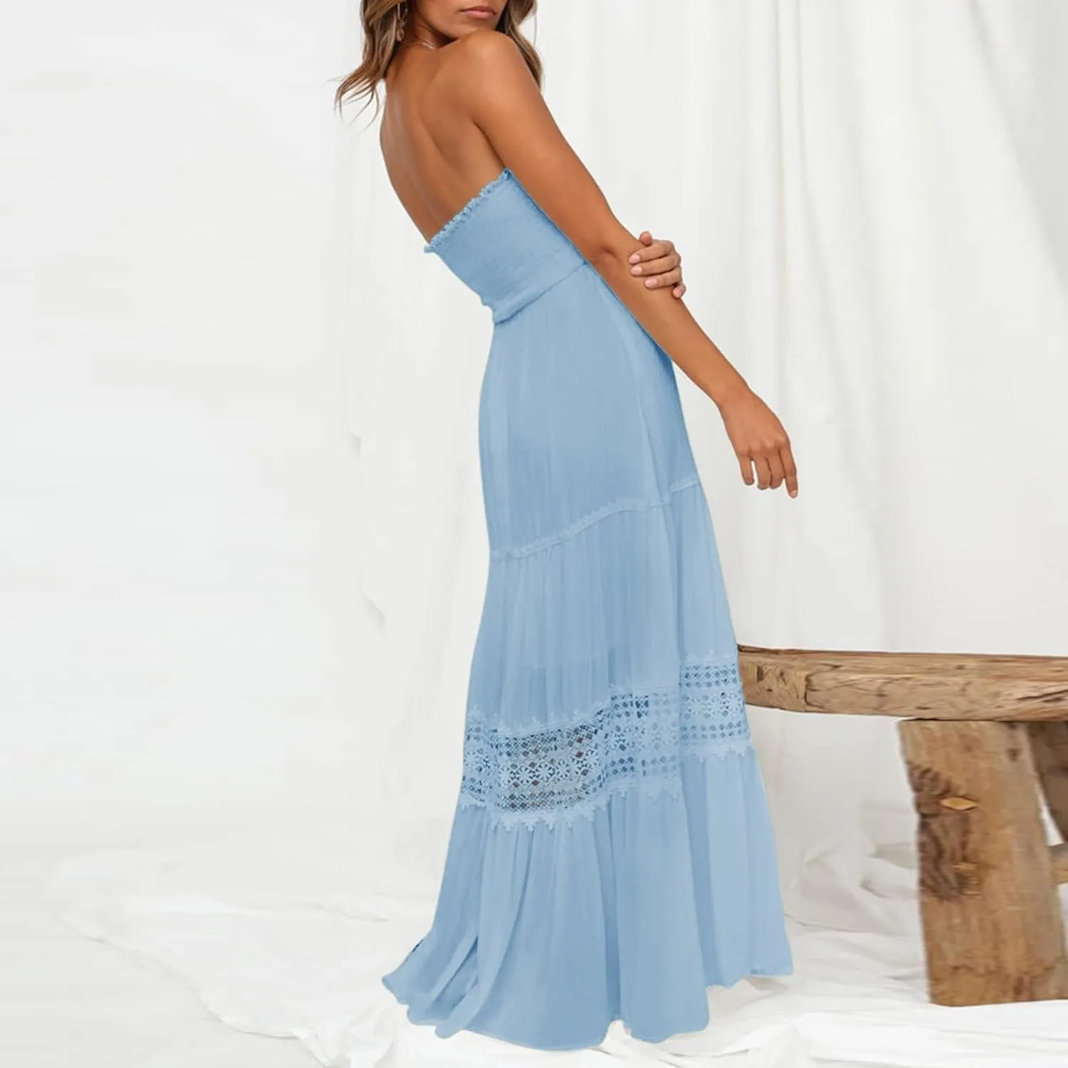 Aniywn Maxi Sundresses for Women 2025 Vacation Summer Boho Strapless Dresses Trendy Off Shoulder Smocked Lace Trim Maxi Dress