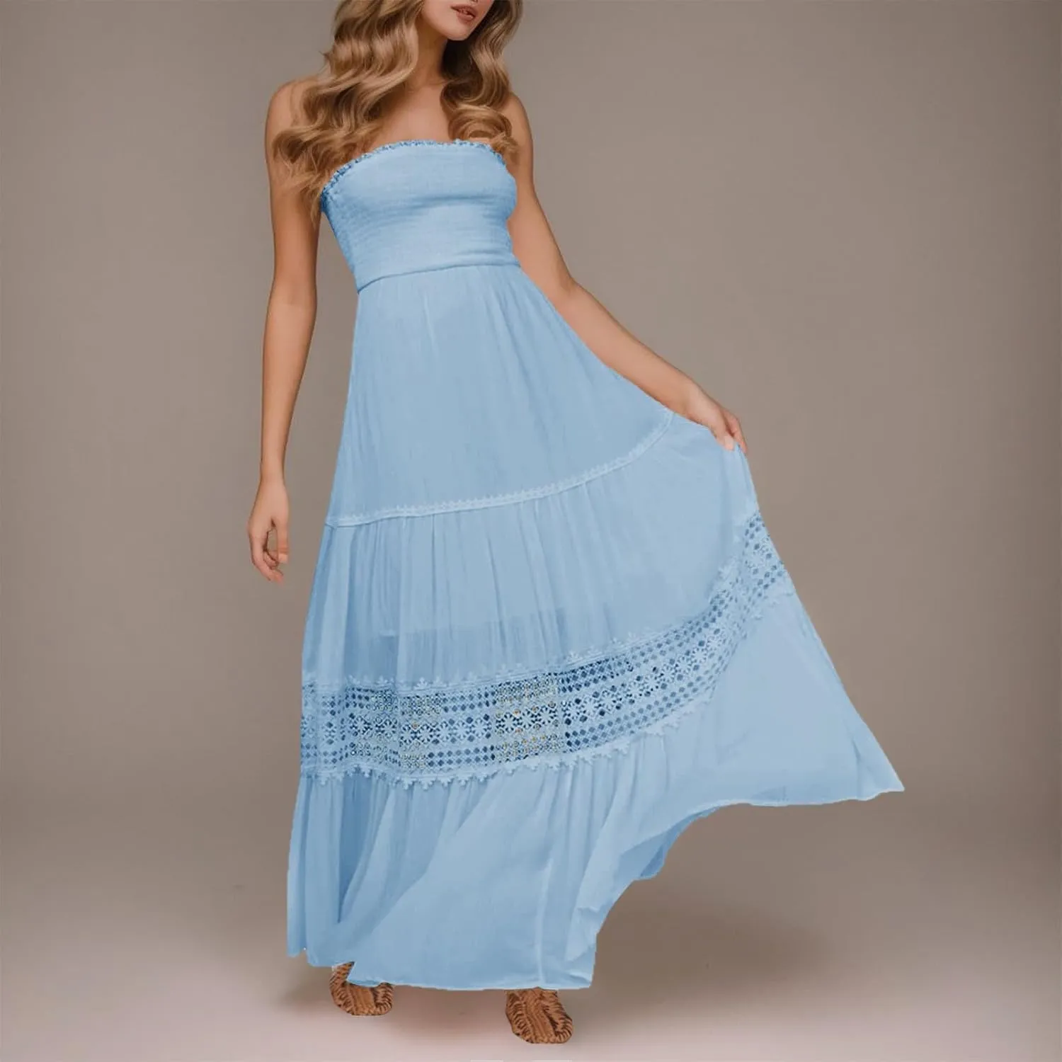 Aniywn Maxi Sundresses for Women 2025 Vacation Summer Boho Strapless Dresses Trendy Off Shoulder Smocked Lace Trim Maxi Dress