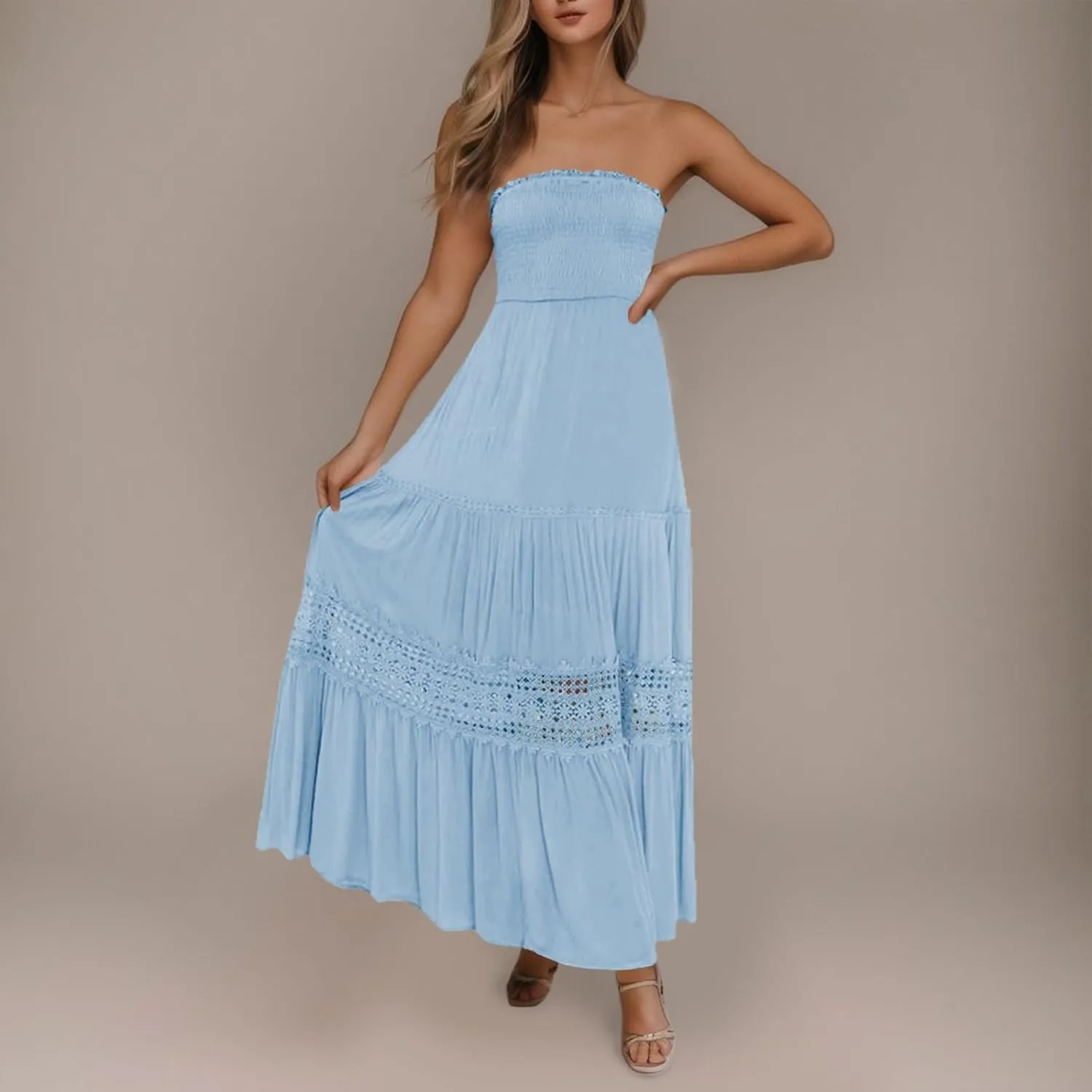 Aniywn Maxi Sundresses for Women 2025 Vacation Summer Boho Strapless Dresses Trendy Off Shoulder Smocked Lace Trim Maxi Dress