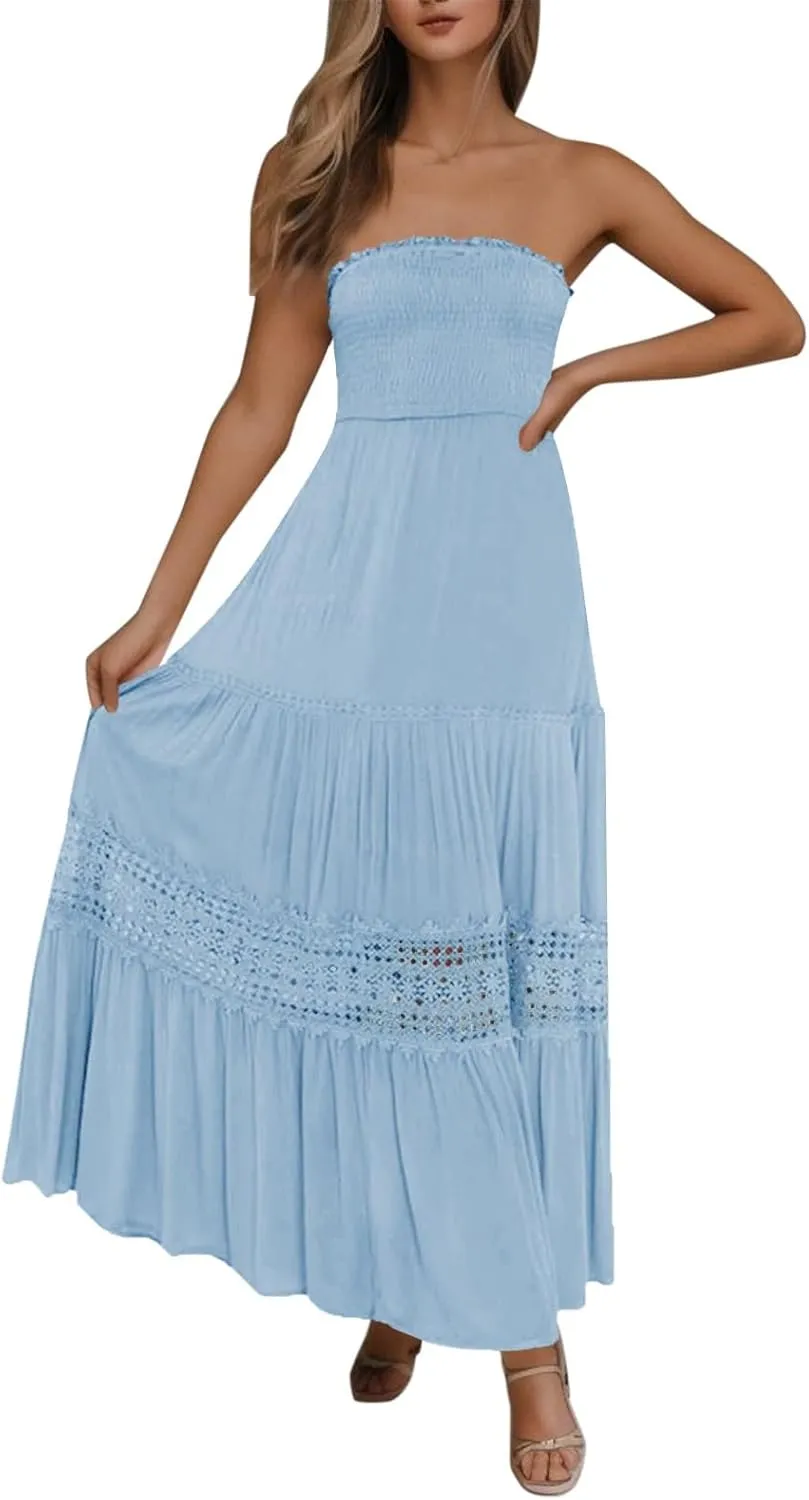 Aniywn Maxi Sundresses for Women 2025 Vacation Summer Boho Strapless Dresses Trendy Off Shoulder Smocked Lace Trim Maxi Dress