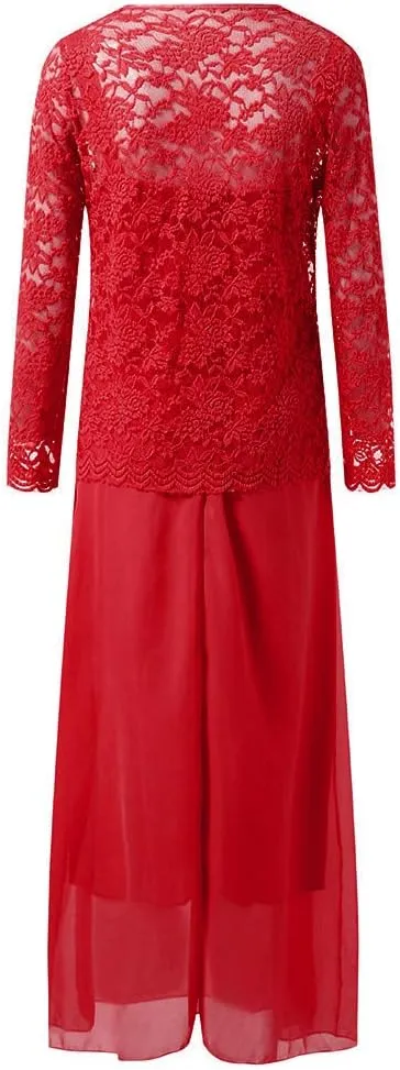 Aniywn Women Plus Size Two Piece Long Sleeve Party Dress Lace Solid Color Elegant Long Maxi Dress Mini Dress