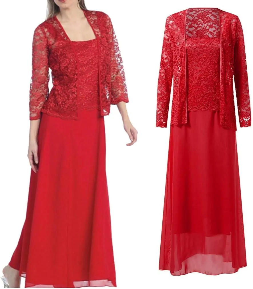 Aniywn Women Plus Size Two Piece Long Sleeve Party Dress Lace Solid Color Elegant Long Maxi Dress Mini Dress
