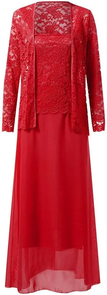 Aniywn Women Plus Size Two Piece Long Sleeve Party Dress Lace Solid Color Elegant Long Maxi Dress Mini Dress