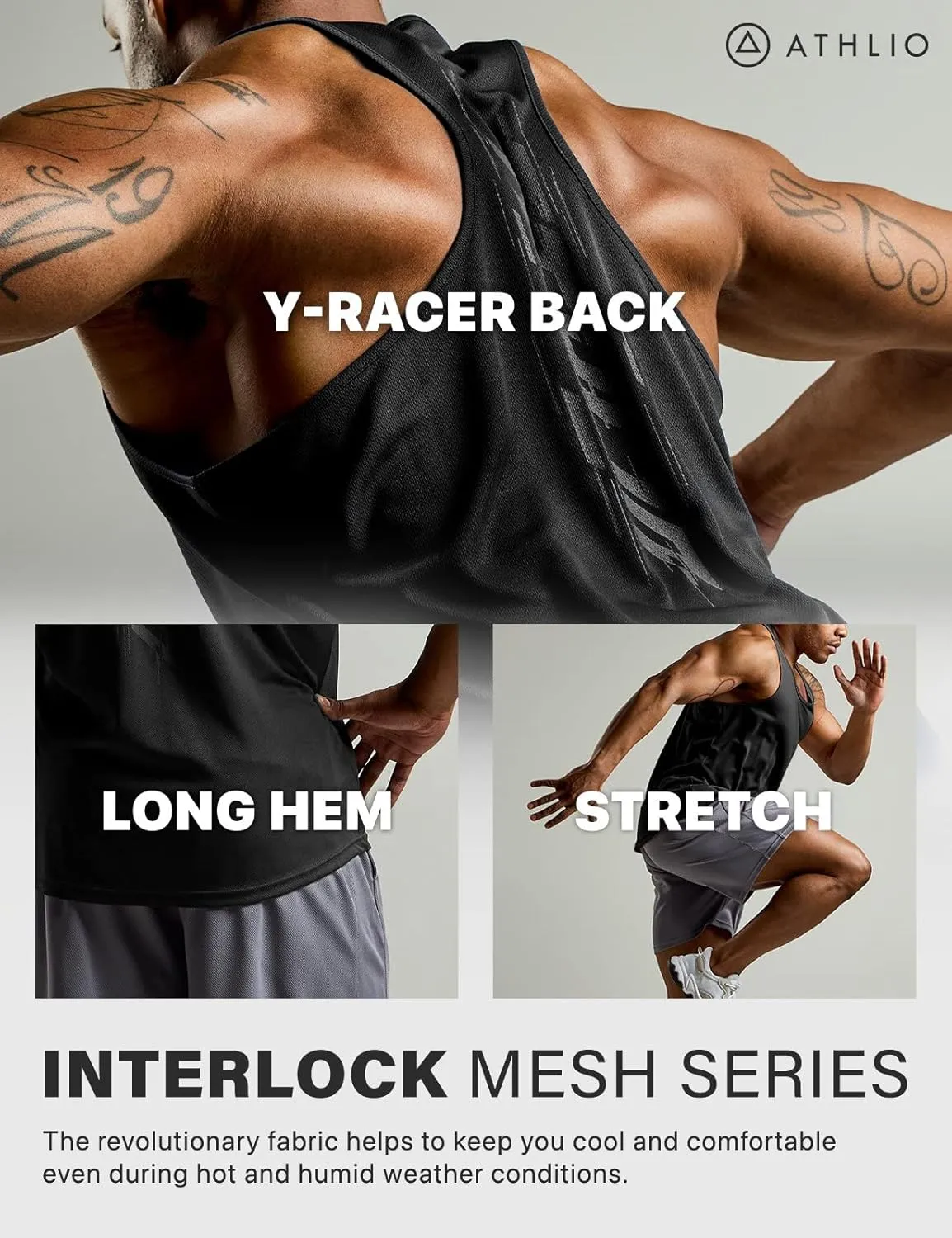ATHLIO Men's Dry Fit Muscle Workout Tank Tops, Y-Back Bodybuilding Gym Shirts, Athletic Fitness Tank Top