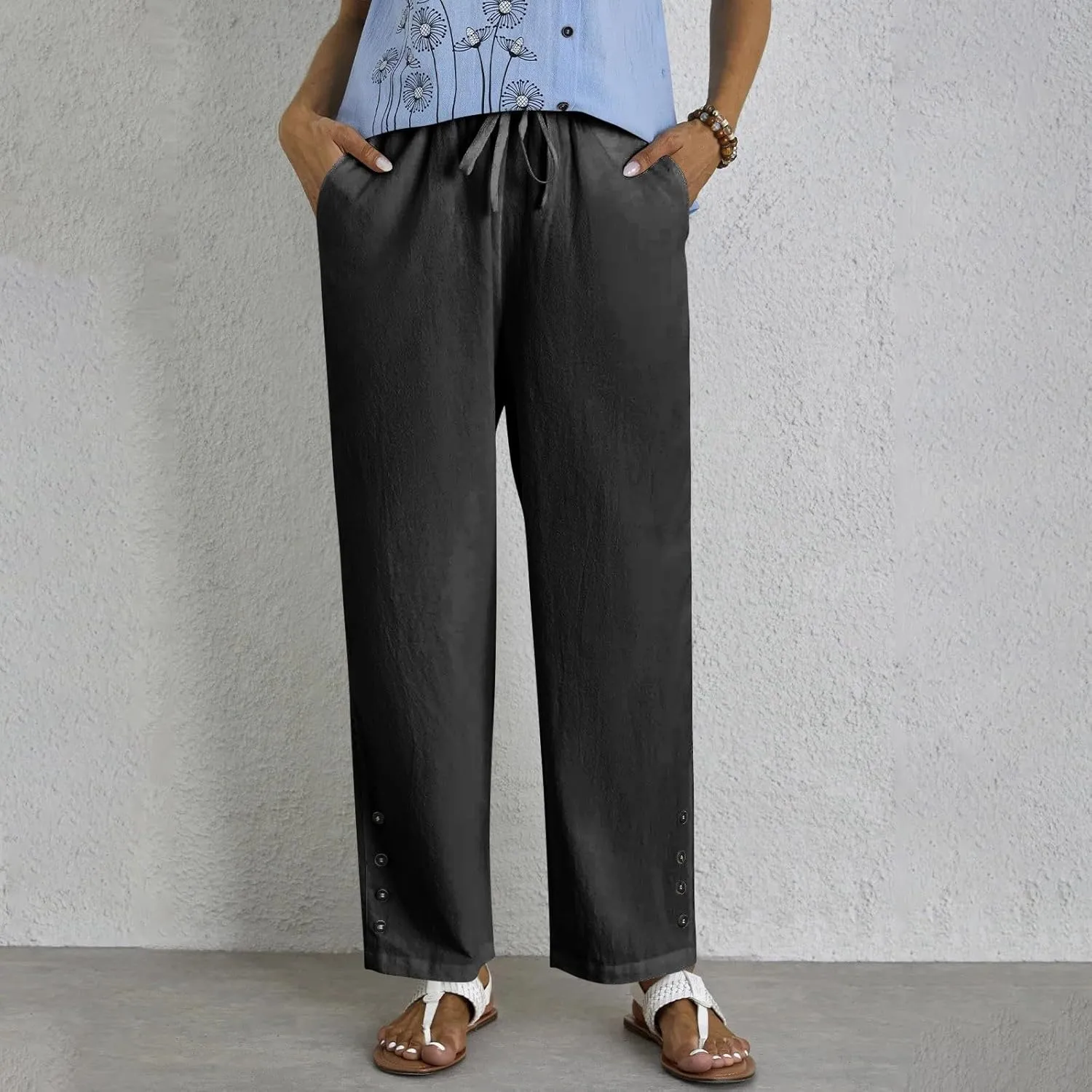 Baggy Linen Pants Women Summer Boho Lightweight High Waist Palazzo Pants Loose Comfy Straight Leg Pants Pockets
