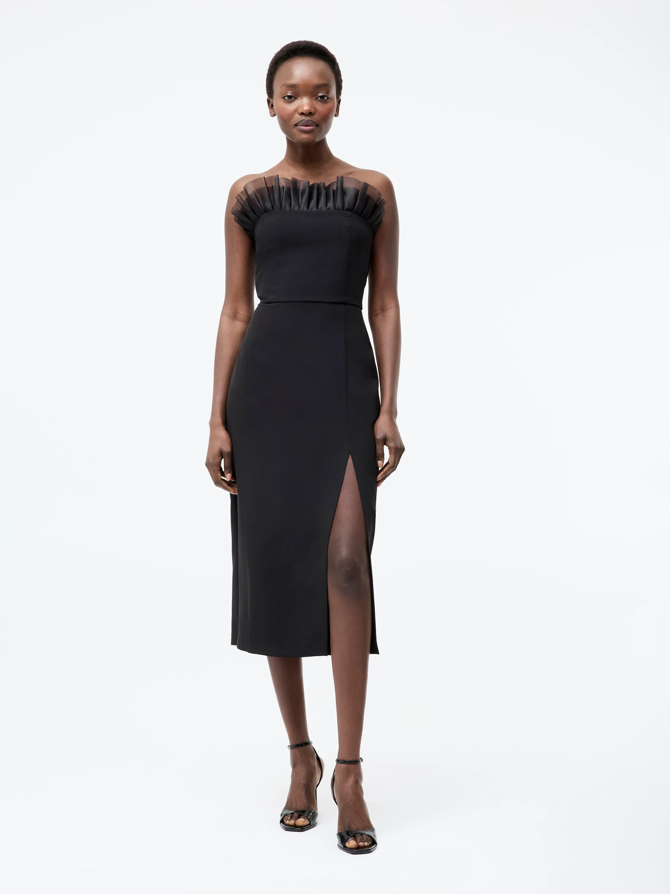Bandeau Organza Mix Frill Midi Dress