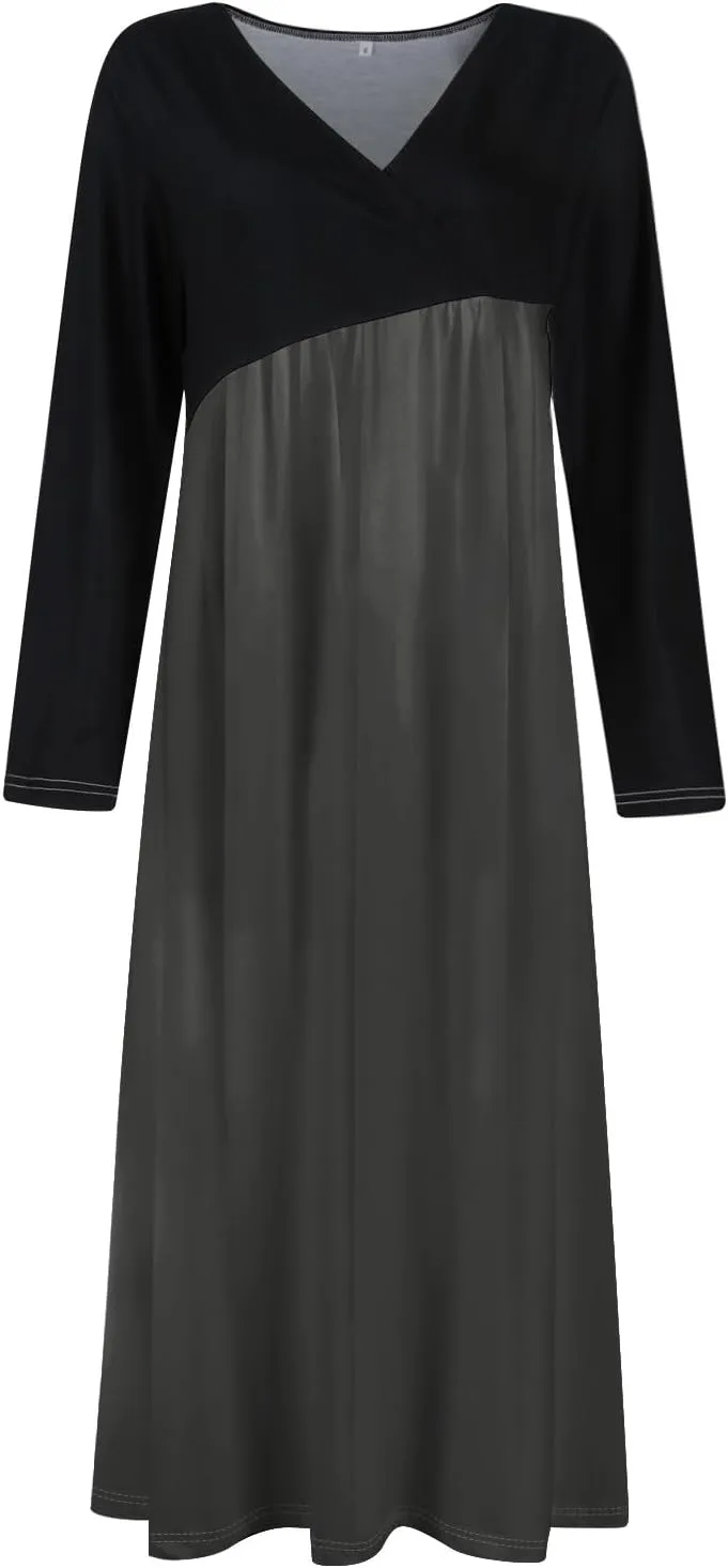 BAXLIMEK Long Sleeve Dresses for Women,2025 Spring Trendy V Neck Patchwork Maxi Dress Casual Loose Flowy Ruched Beach Dress