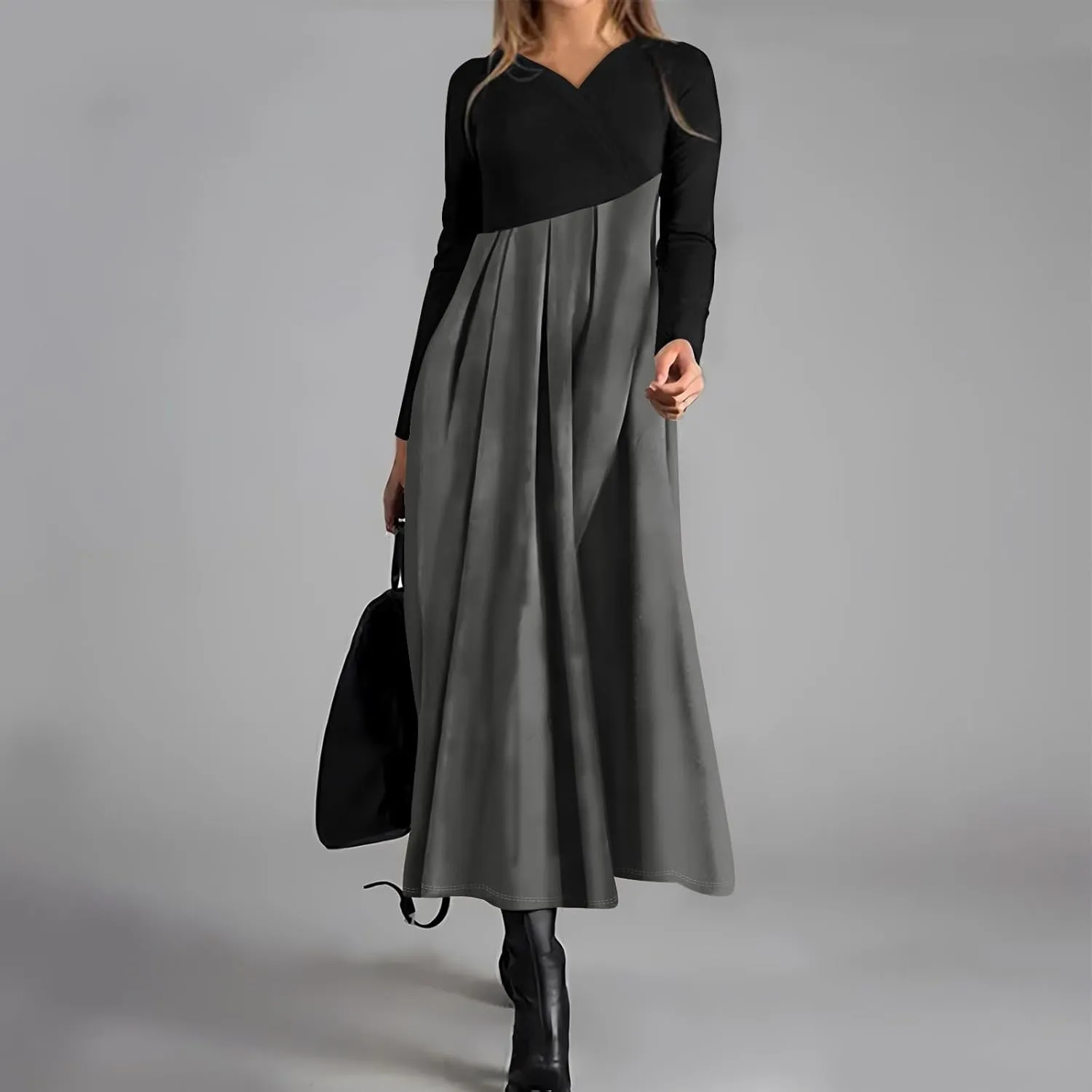 BAXLIMEK Long Sleeve Dresses for Women,2025 Spring Trendy V Neck Patchwork Maxi Dress Casual Loose Flowy Ruched Beach Dress