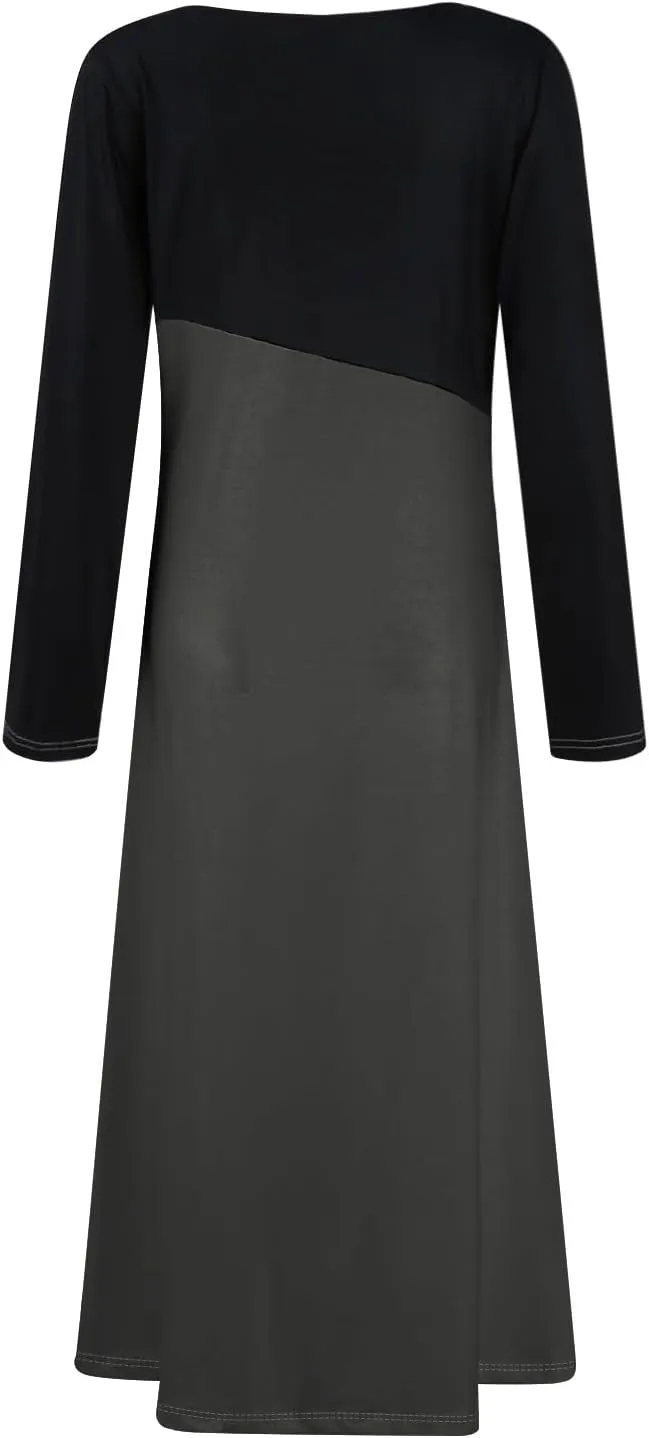 BAXLIMEK Long Sleeve Dresses for Women,2025 Spring Trendy V Neck Patchwork Maxi Dress Casual Loose Flowy Ruched Beach Dress