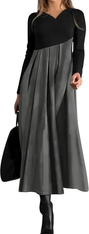 BAXLIMEK Long Sleeve Dresses for Women,2025 Spring Trendy V Neck Patchwork Maxi Dress Casual Loose Flowy Ruched Beach Dress