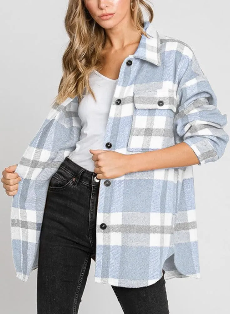 Beaully Women's Flannel Plaid Shacket Long Sleeve Button Down Shirts Jacket Coats with Side Pockets