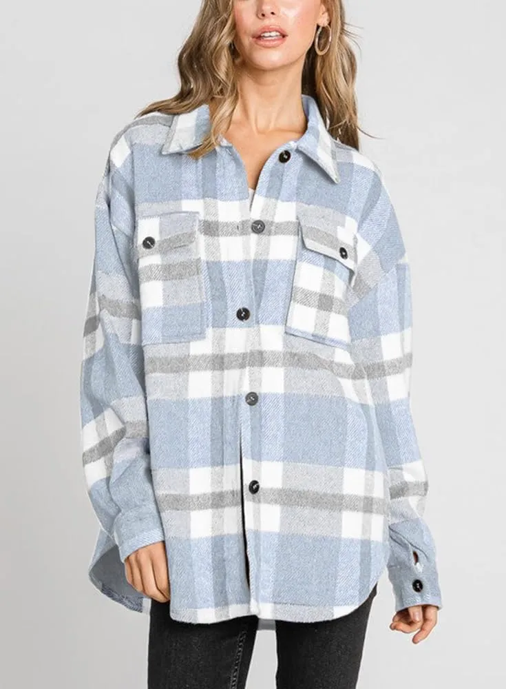Beaully Women's Flannel Plaid Shacket Long Sleeve Button Down Shirts Jacket Coats with Side Pockets