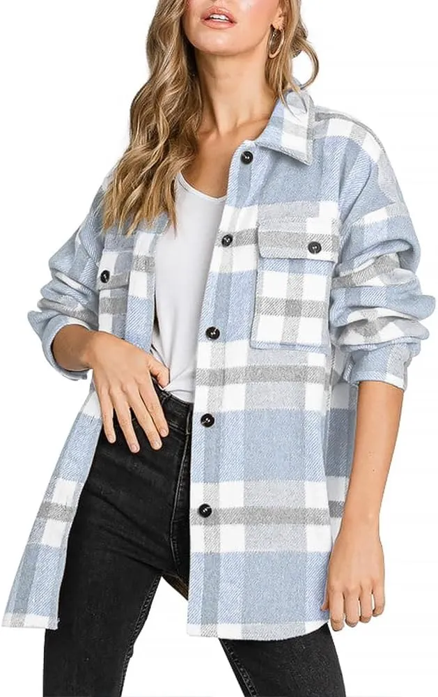 Beaully Women's Flannel Plaid Shacket Long Sleeve Button Down Shirts Jacket Coats with Side Pockets