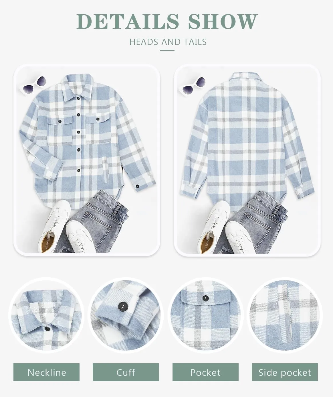 Beaully Women's Flannel Plaid Shacket Long Sleeve Button Down Shirts Jacket Coats with Side Pockets