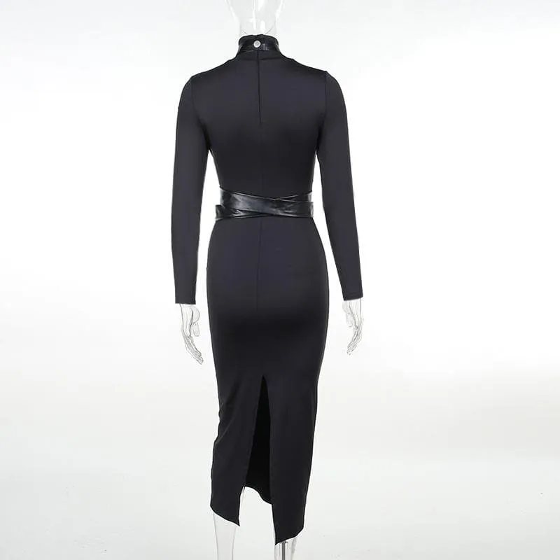 BerriesJam - Cross Front Long Sleeve Pu Leather High Neck Slit Midi Dress