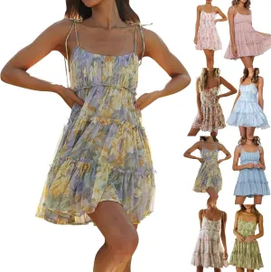Boho Dresses for Women 2025 Summer Sexy Flowy Chiffon Floral Plus Size Spaghetti Strap Backless Sleeveless Mini Dress