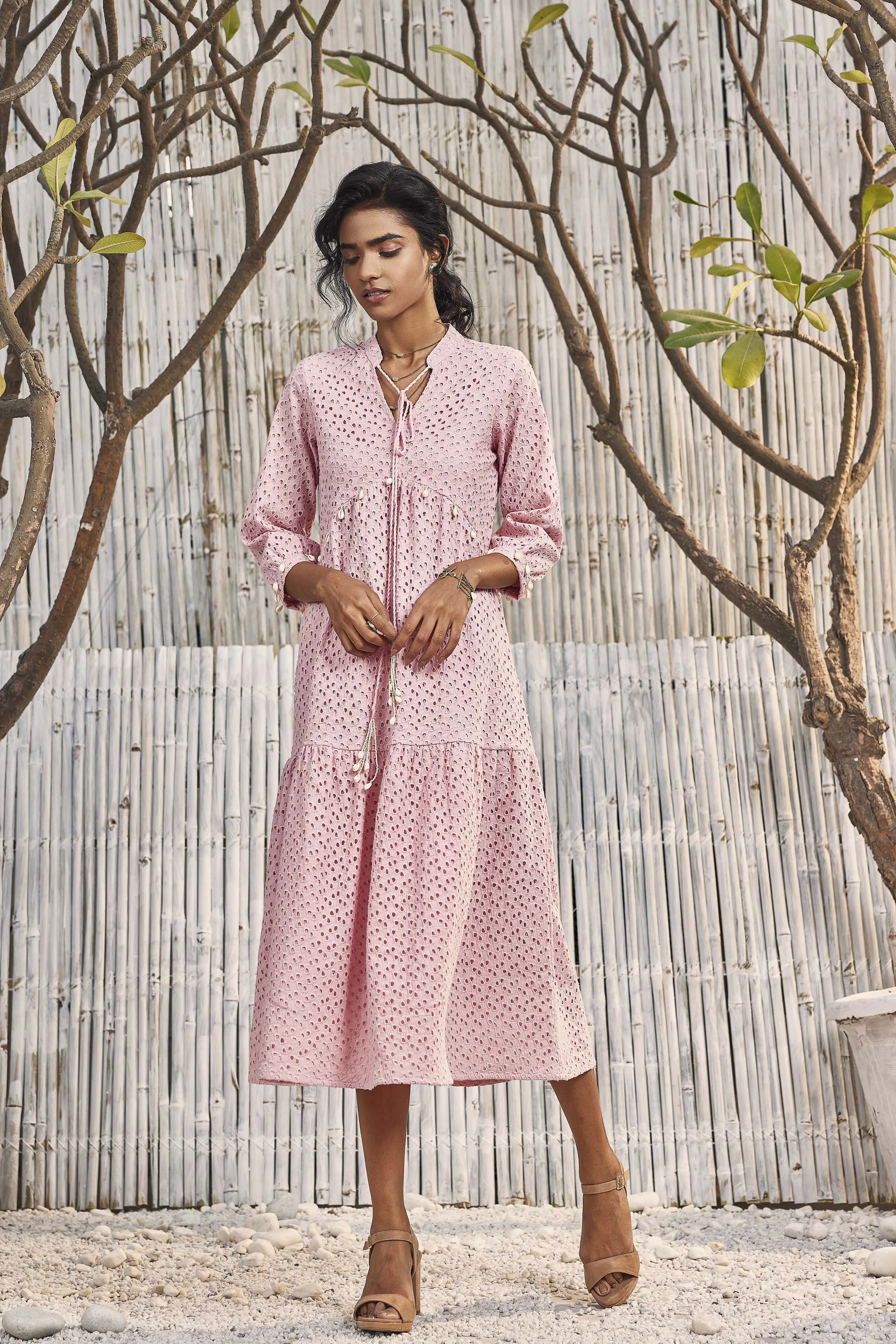 Breezy Cotton Cutwork Dress in Blush Pink